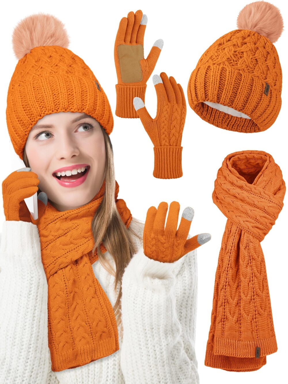 3378 Winter Beanie Hat Scarf Gloves with Pom Pom Fleece Lined Touchscreen